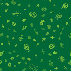 Sticker - Set line Wind turbine, and Leaf plant gear machine on seamless pattern. Vector