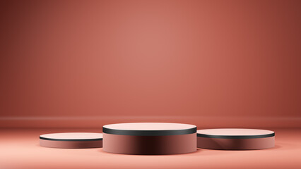 Poster - Three round pedestal podiums on a coral background. Product presentations. 3D rendering