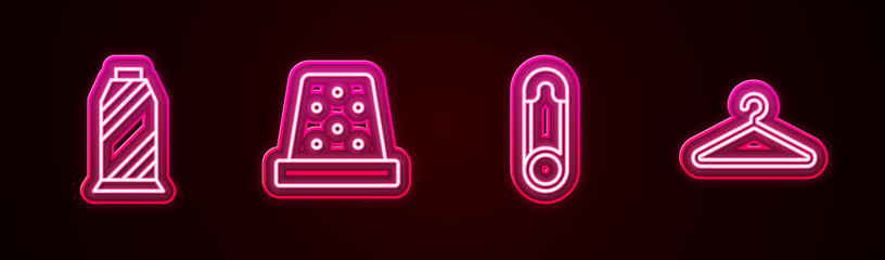 Sticker - Set line Sewing thread on spool, Thimble for sewing, Safety pin and Hanger wardrobe. Glowing neon icon. Vector