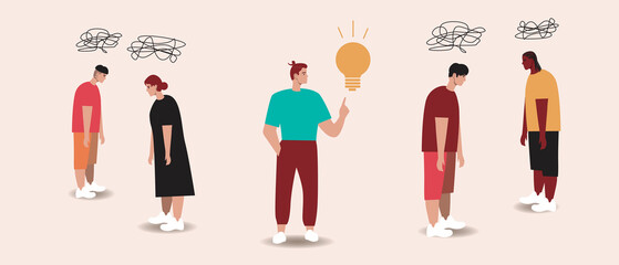 Man with an idea, chaos in the mind of people, Flat vector stock illustration with Person with a light bulb as a symbol of an idea