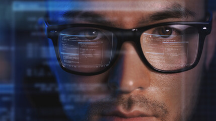 Poster - virtual reality, hacking and programming concept - close up of asian male hacker's face in vr glasses with computer program projection