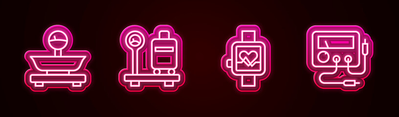 Canvas Print - Set line Scales, with suitcase, Smart watch and Multimeter, voltmeter. Glowing neon icon. Vector