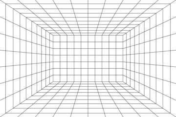 Wall Mural - 3d digital grid of room space with one point perspective. white empty geometric cyberspace studio ba