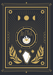 Wall Mural - design in boho style for the cover, astrology, tarot. fire with eye, crystal, leaves and moon phases