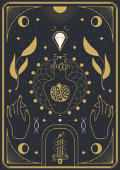 Wall Mural - design in boho style for the cover, astrology, tarot. elixir with pomegranate and diamond vector ill