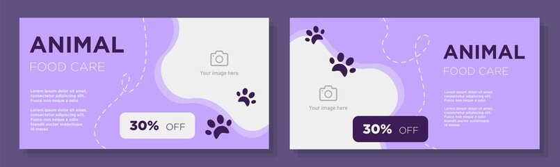 animal food care banner template set, pet store advertisement, purple business ad, pet service flyer
