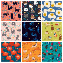 Set Of Seamless Patterns With Cute Cats. Vector Graphics.