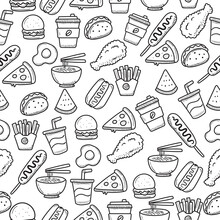 Fast Food Seamless Doodle Pattern With Black And White Color. Set Of Foods Doodle Illustration