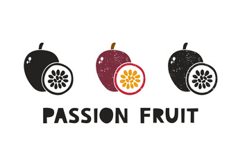 Fototapete - Passion fruit, silhouette icons set with lettering. Imitation of stamp, print with scuffs. Simple black shape and color vector illustration. Hand drawn isolated elements on white background