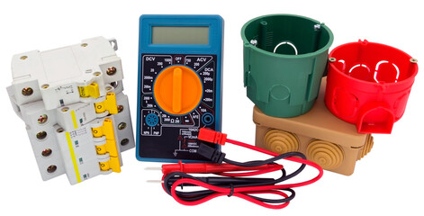 Sticker - Electrical modular circuit breaker, digital multimeter and plastic electrical junction boxs