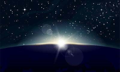 Wall Mural - Horizontal poster of rising Sun above the Earth and stars in background. View from space, with glowing on horizon, lens flare. Space and dark night planet. Beginning of new day. Sun rays and glow.