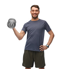 Wall Mural - fitness, sport and bodybuilding concept - happy smiling man exercising with dumbbells over white background