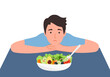 Man feel not hungry concept vector illustration on white background. Guy unable to eat.
