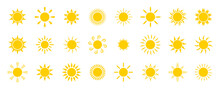 Sun Icon Set. Solar Icons Isolated On White Background. Sunrise, Sunset Or Sun Shine Sign Collection. Vector Illustration.