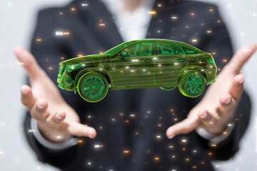 Poster - Man holding and touching holographic smart car