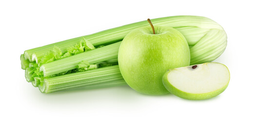 Wall Mural - Composition with celery leaves and apple isolated on a white background.