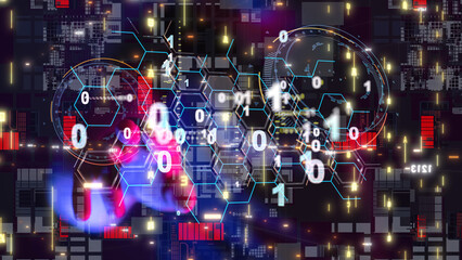 Neural network 3D illustration. Big data and cybersecurity