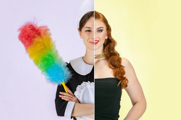 Collage. Half-face portraits of young girl, chambermaid and beautiful woman, jazz singer isolated over pink and yellow background