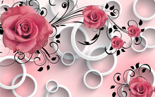 3d Wallpaper Red Flowers With Black Branches On Circles With Pink Background