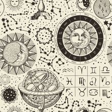 Monochrome Seamless Pattern On The Topic Of Horoscopes And Zodiacs In Vintage Style. Vector Background With Hand-drawn Sun, Moon, Stars, Constellations And Astrological Signs On An Old Paper Backdrop