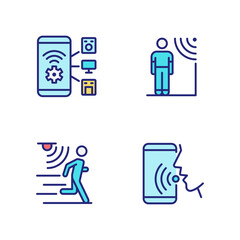 Sticker - Sensor technology pixel perfect RGB color icons set. Mobile application for remote control. Internet of Things. Isolated vector illustrations. Simple filled line drawings collection. Editable stroke