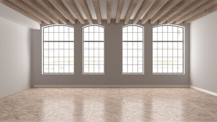 Wall Mural - Empty room interior design, open space with big panoramic wooden arched windows, classic vintage parquet wooden floor, wooden roof beams, white walls, modern architecture idea