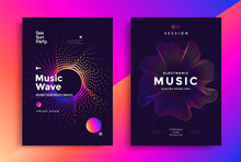 Electronic Music Wave Poster Design. Sound Flyer With Abstract Gradient Dotted Waves.