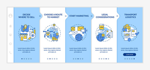 Wall Mural - Export business tips blue and white onboarding template. Marketing strategy. Responsive mobile website with linear concept icons. Web page walkthrough 5 step screens. Lato-Bold, Regular fonts used