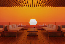 3D Illustration Of A Rooftop Lounge With Sunset And Ocean View