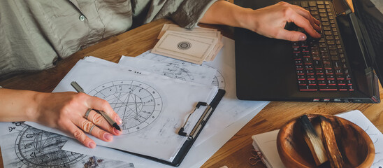 astrology. astrologer calculates natal chart and makes a forecast of fate.tarot cards, fortune telli