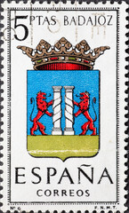 Wall Mural - Spain - circa 1962 : a postage stamp from Spain, showing a coat of arms of the Provincial Arms- Badajoz