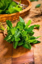Close-up Of A Bunch Of Fresh Mint Leaves On A Table
