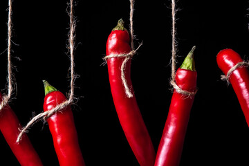 Canvas Print - Red hot pepper on a black background. Hot peppers hang on a rope. ripe vegetable