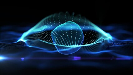 Poster - Blue abstract concentric spheres technology motion background. Smooth digital particles wave animation. Seamless loop. Depth of field settings. 3D rendering