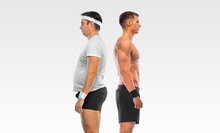 Before And After Fitness Transformation. Side View. The Man Was Fat But Became Athlet. Fat To Fit Concept.