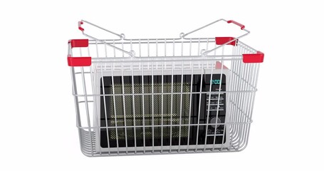 Poster - Microwave oven adding to shopping basket, 3d animation. 3D rendering isolated on white background