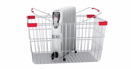 Poster - Oil heater adding to shopping basket, 3d animation. 3D rendering isolated on white background