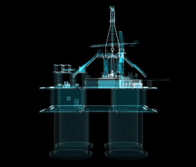 3d hologram of offshore oil platform of particles