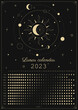 2023 Moon calendar. Astrological calendar design. Moon phase cycle. Modern boho moon calendar poster template design. Lunar phases schedule and cycles. Vector vintage illustration. Editable A3, A4, A5