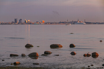 Wall Mural - Beautiful scenic view of Tallinn old town from the sea at sunset. Panorama view, Tallinn skyline