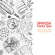 © DiViArts - Spanish tapas, top view. A set of spanish dishes with bocadillo, jamon, patatas bravas, tapas. Food menu design template. Vintage hand drawn sketch vector illustration. Engraved image.