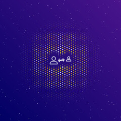 Poster - A large white contour social distance symbol in the center, surrounded by small dots. Dots of different colors in the shape of a ball. Vector illustration on dark blue gradient background with stars