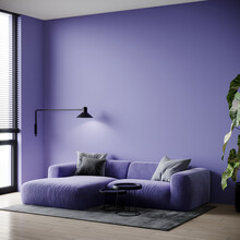 Living Room Design Interior In Very Peri Trend Color 2022. Lavender Wall And Blue Violet Sofa. Mockup Blank Space. 3d Rendering