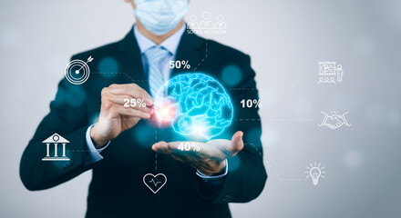 Poster - Businessman wearing mask touch brain icon and line control in graph Screen Icon of a media screen,Technology Process System,Concept Futuristic medicine,human body,brain with Online consultation.