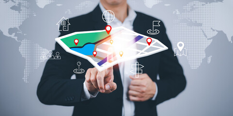 Aufkleber - businessman hand touch virtual world and model map with location point , gps app, icon travel maps a