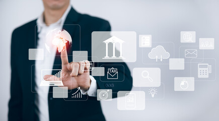 Poster - Businessman touchscreen on the graph Screen Icon of a media screen, Technology Process System Business with Communication and marketing concept, Team success, HR Human, Business success,Big data
