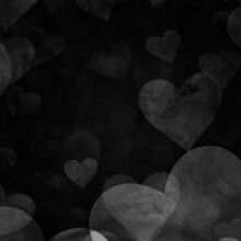 Monochrome Cloudy With Many Falling Hearts Grunge On Dark Horror Goth Black Distressed Background Valentine's Day, Mother's Day Or Greeting Love Birthday Card	