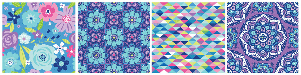 A very pretty set of seamless vector patterns in a coordinating color pallet. These patterns work beautifully together and would be great for trendy backgrounds and surface designs.