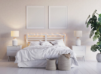Poster - White bedroom interior with big plant, lamps, baskets and two picture mock up on the wall. 3D render. 3D illustration.