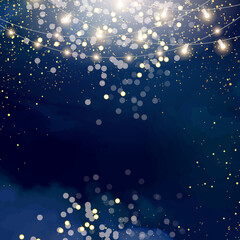 Wall Mural - magic night dark blue frame with sparkling glitter bokeh and light art